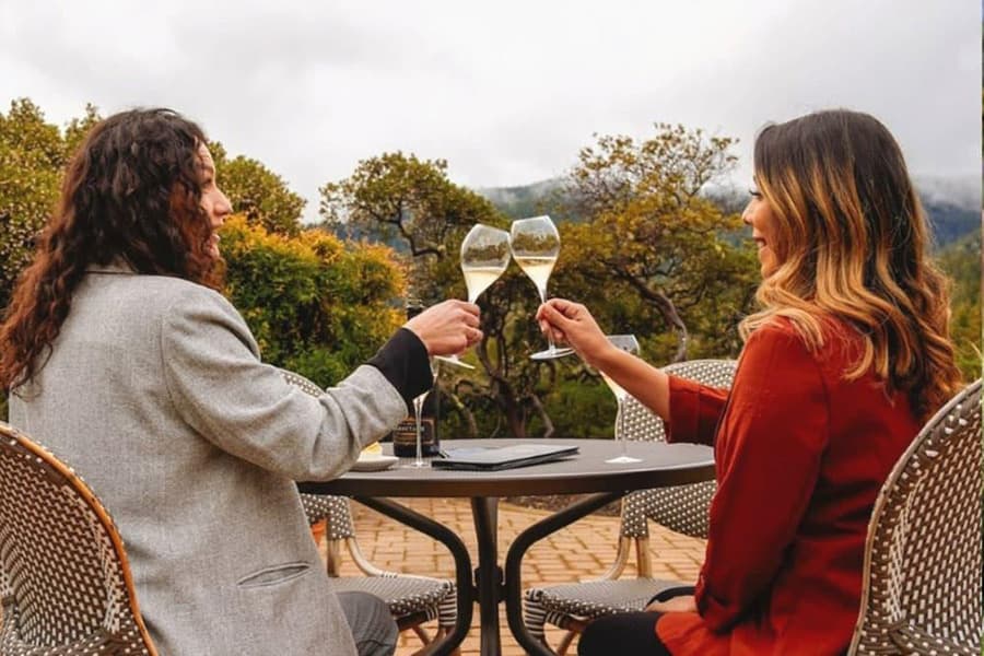 Two women toast with champagne glasses at an outdoor table surrounded by greenery.