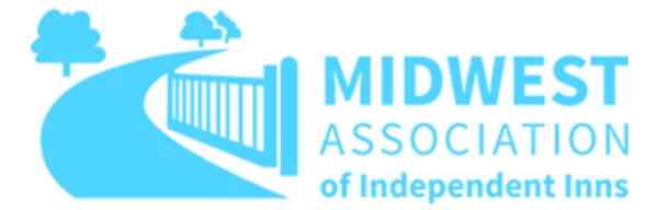 Logo of the Midwest Association of Independent Inns featuring a road and fence with trees.