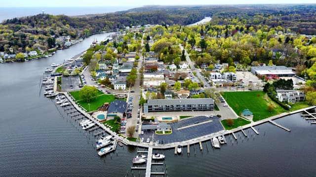 Aerial shot of Saugatuck on the water